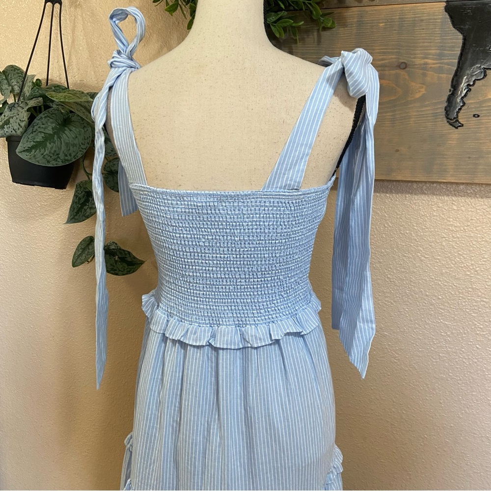 NWOT Sister Jane Kansas Blue Striped Tiered Smocked Tie-Strap Bow Midi Dress - Picture 2 of 10